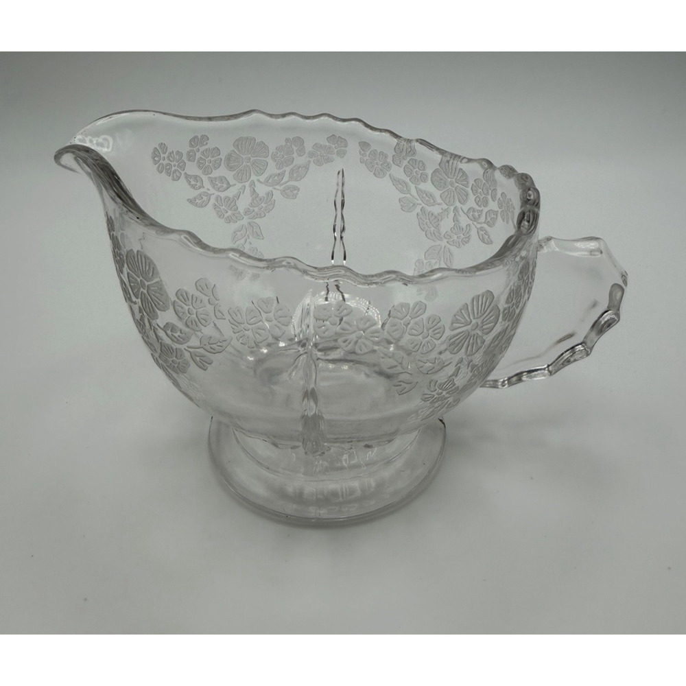 New Martinsville Glass Radiance Flower Basket Etched Creamer Clear Glass